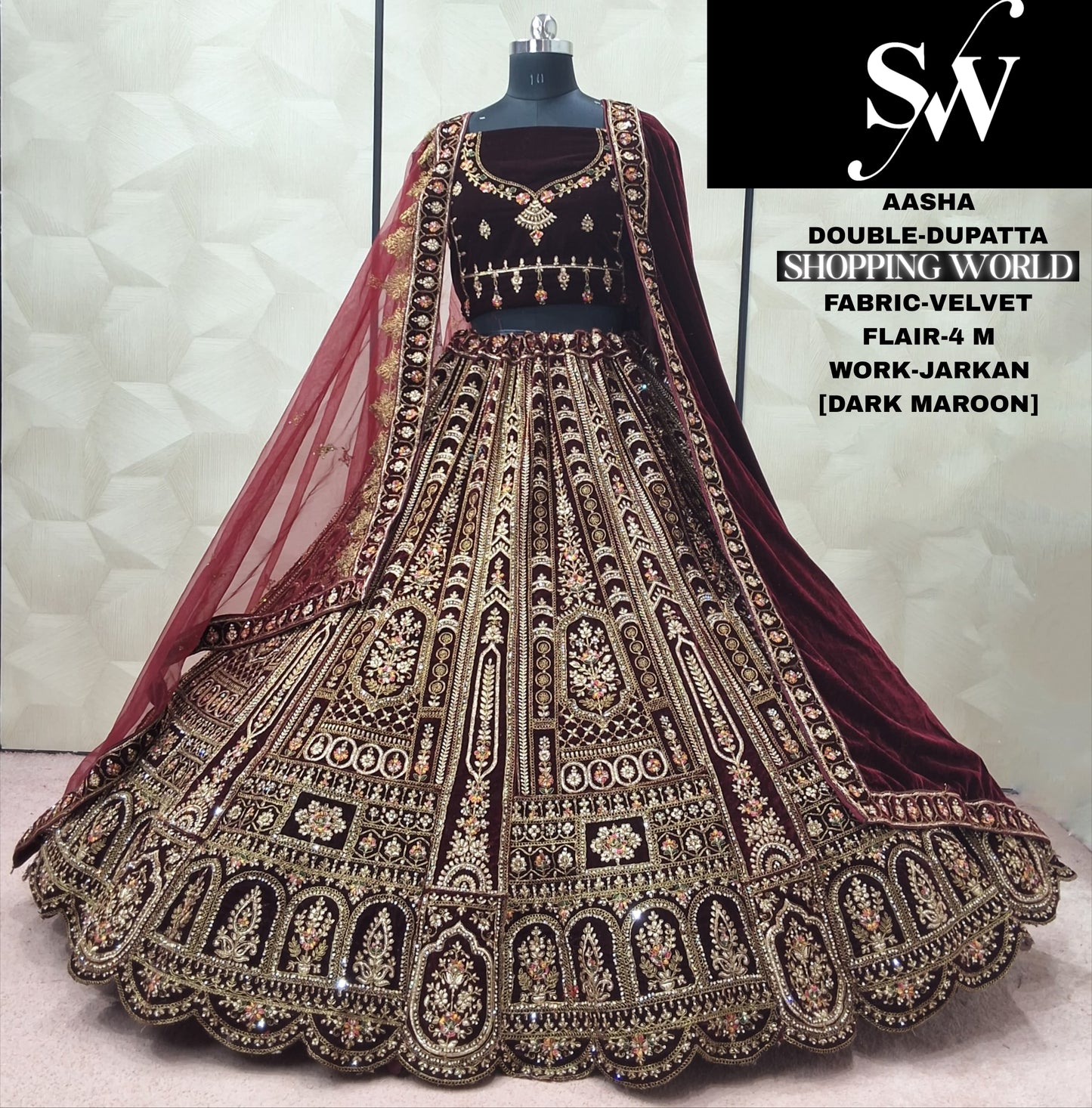 Dark Maroon Double Dupatta Velvet Bridal Lehenga