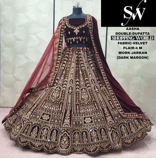 Dark Maroon Double Dupatta Velvet Bridal Lehenga