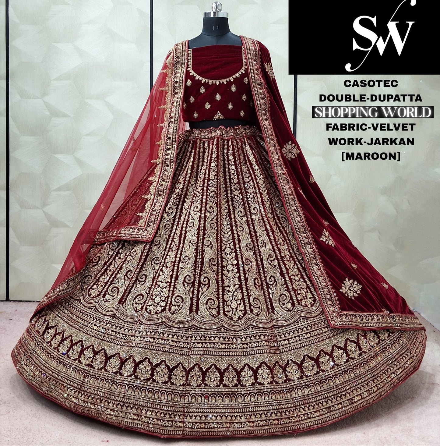 Rani Pink Velvet Double Dupatta Bridal Lehenga