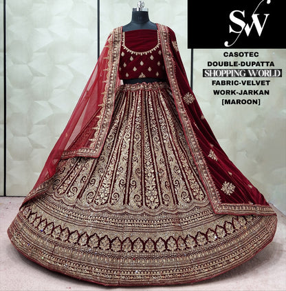 Rani Pink Velvet Double Dupatta Bridal Lehenga
