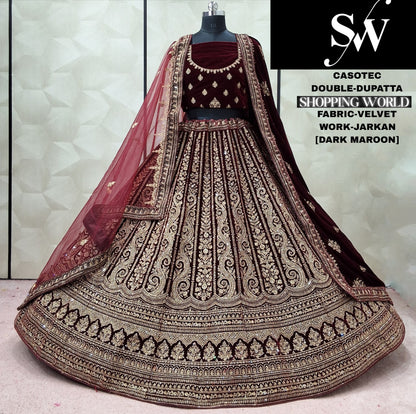Rani Pink Velvet Double Dupatta Bridal Lehenga