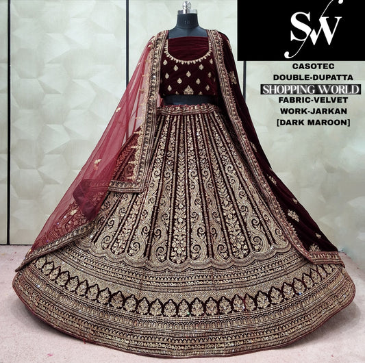 Rani Pink Velvet Double Dupatta Bridal Lehenga