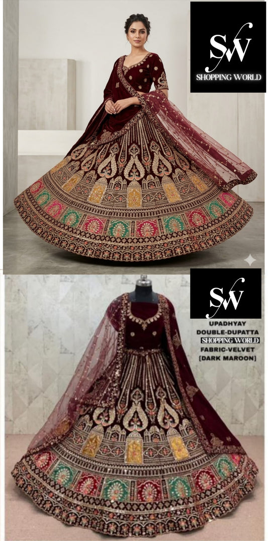 Dark Maroon Peacock Double Dupatta Velvet Bridal Lehenga