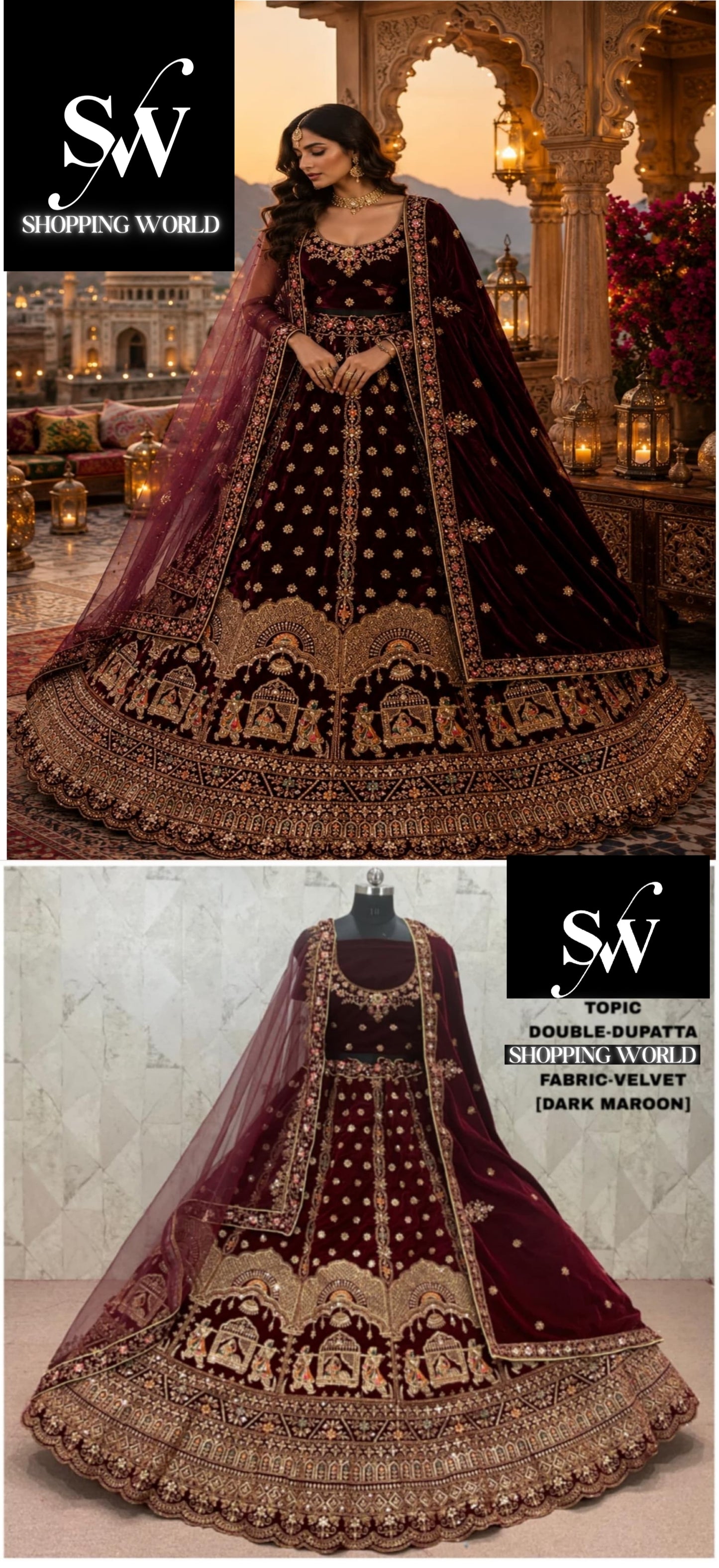 Dark Maroon Doli Barat Double Dupatta Velvet Bridal Lehenga