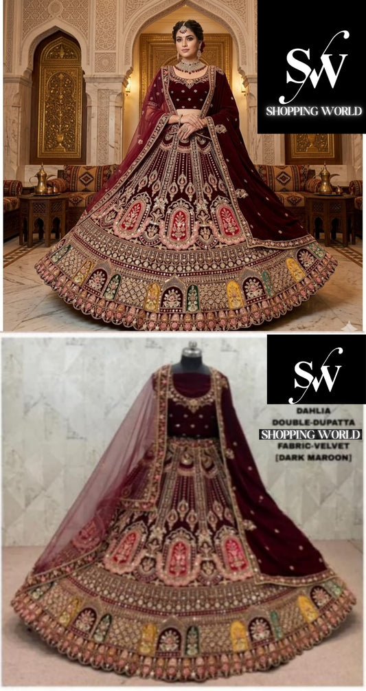 Dark Maroon Double Dupatta Velvet Bridal Lehenga