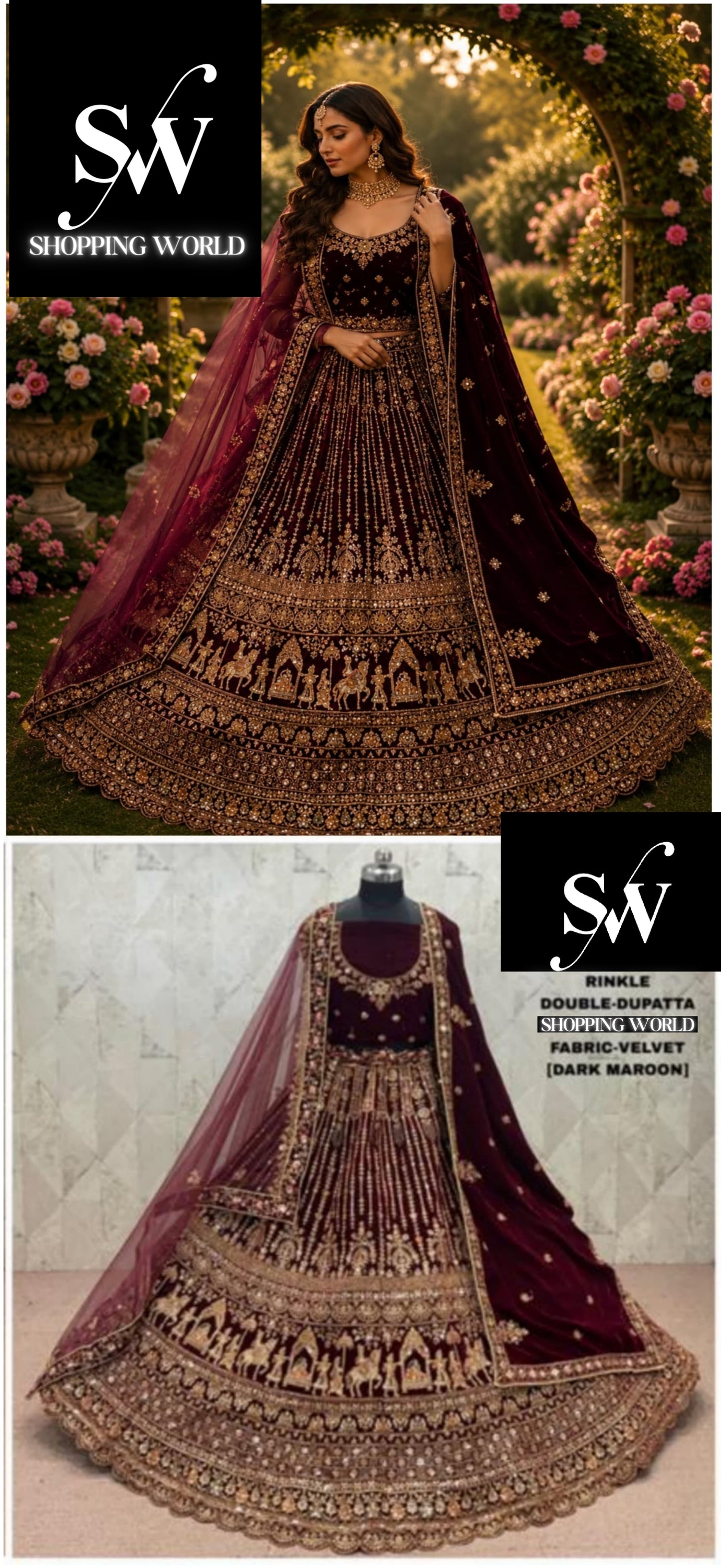 Dark Maroon Doli Barat Double Dupatta Velvet Bridal Lehenga