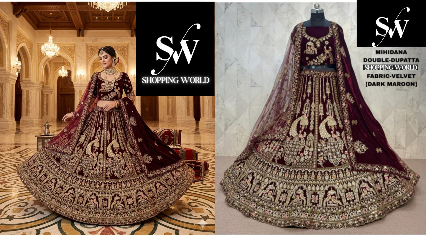 Dark Maroon Peacock Double Dupatta Velvet Bridal Lehenga