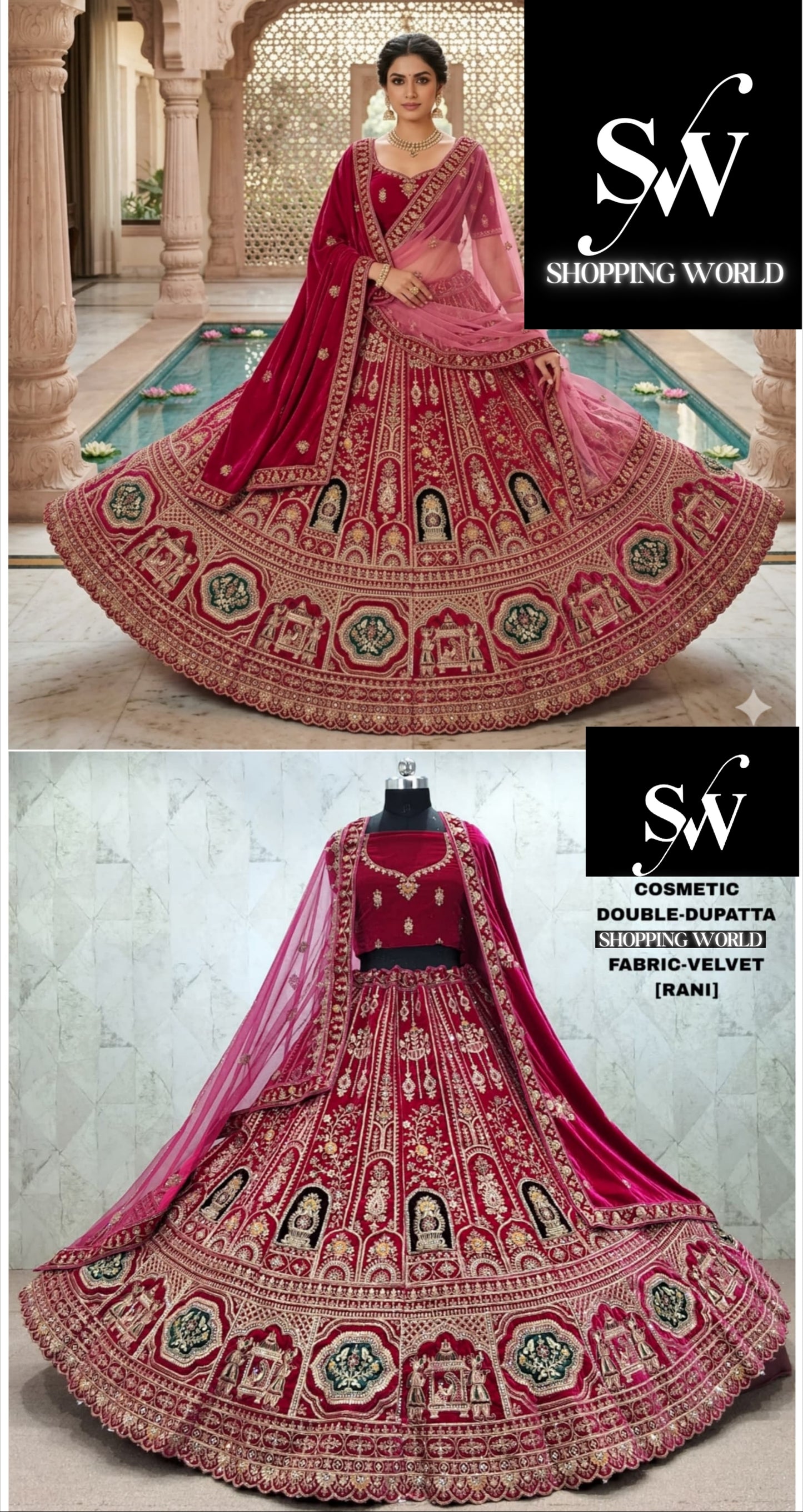 Rani Pink Double Dupatta Velvet Bridal Lehenga