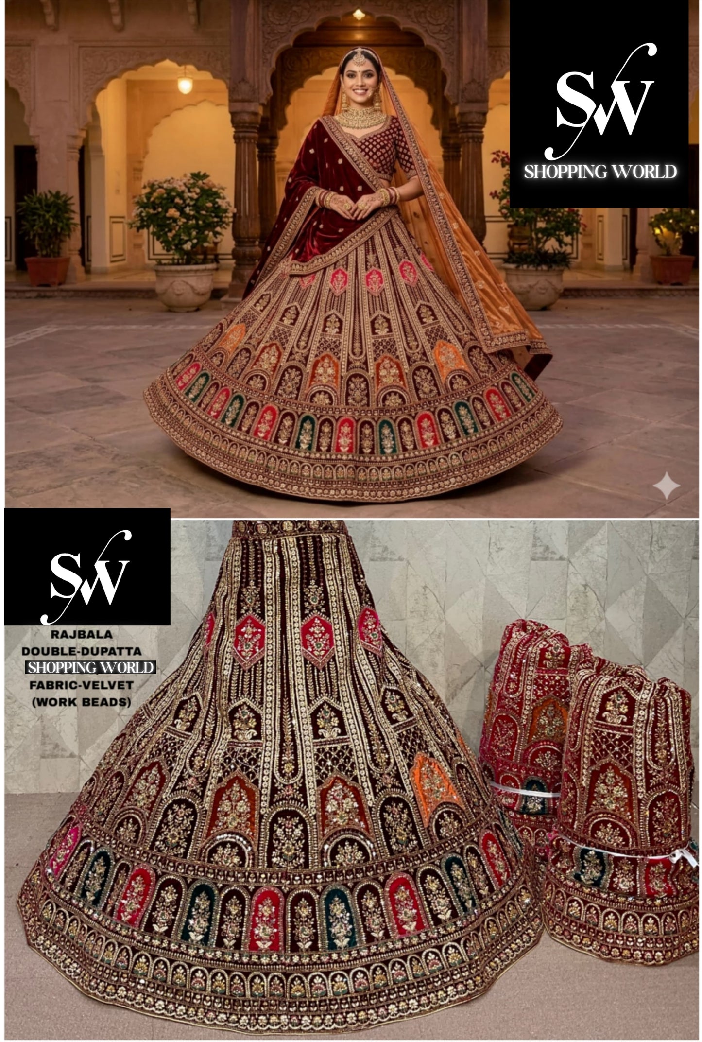 Maroon Double Dupatta Velvet Bridal Lehenga