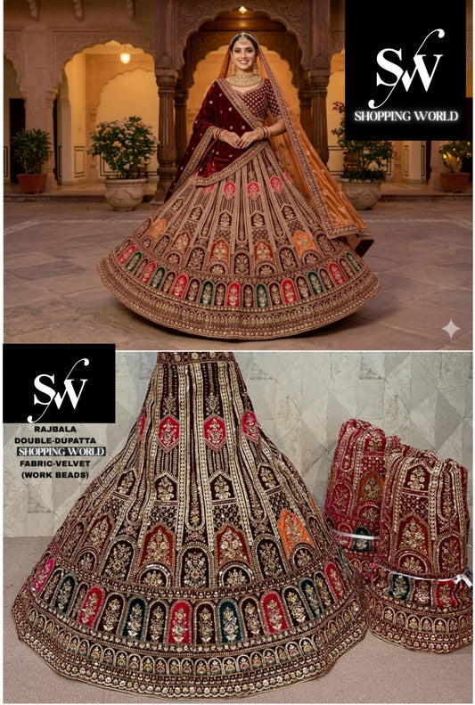 Maroon Double Dupatta Velvet Bridal Lehenga