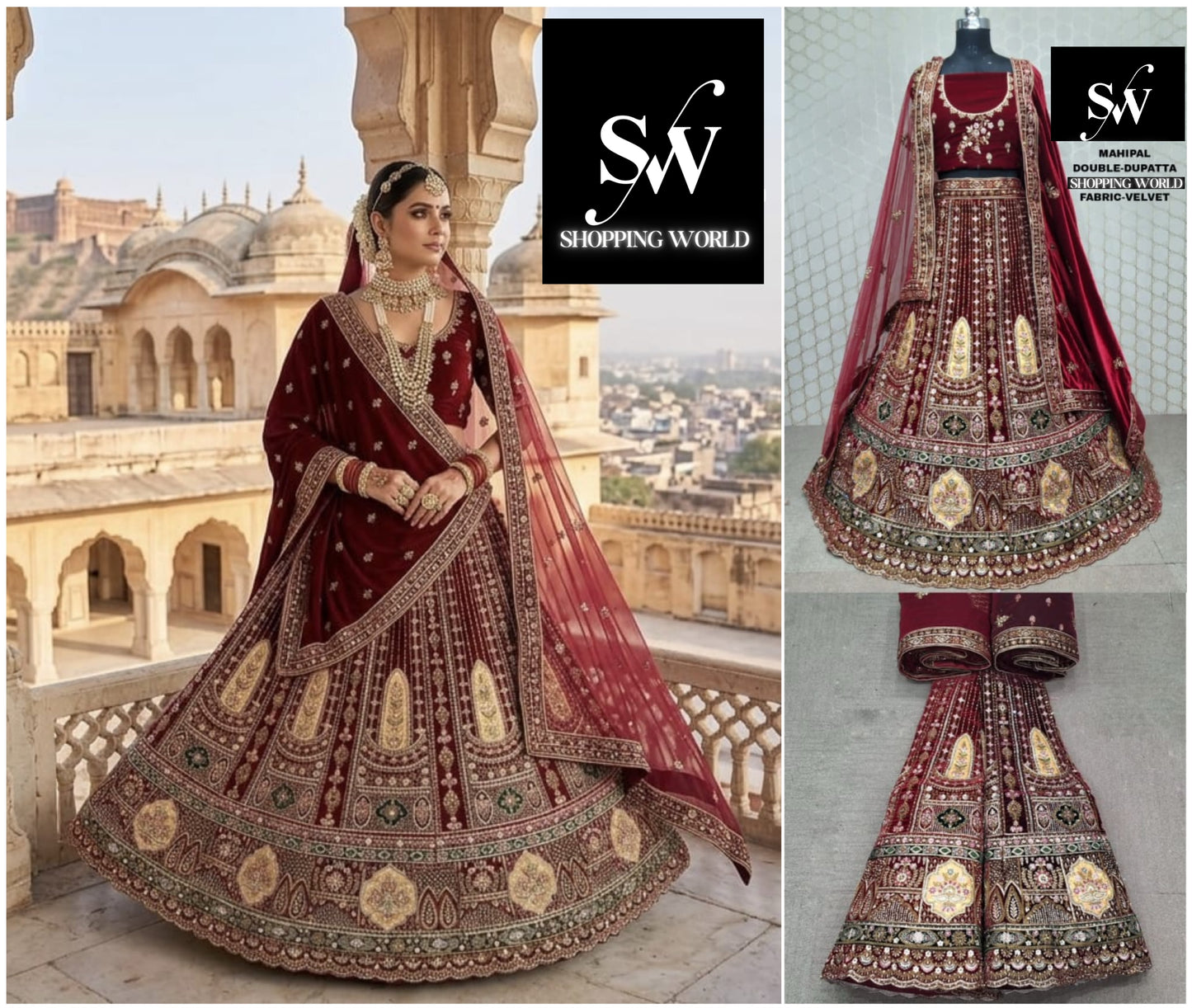 Maroon Dark Maroon Rani Pink Double Dupatta Velvet Bridal Lehenga