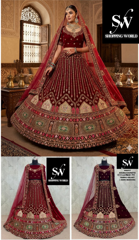 Maroon Dark Maroon Double Dupatta Velvet Bridal Lehenga