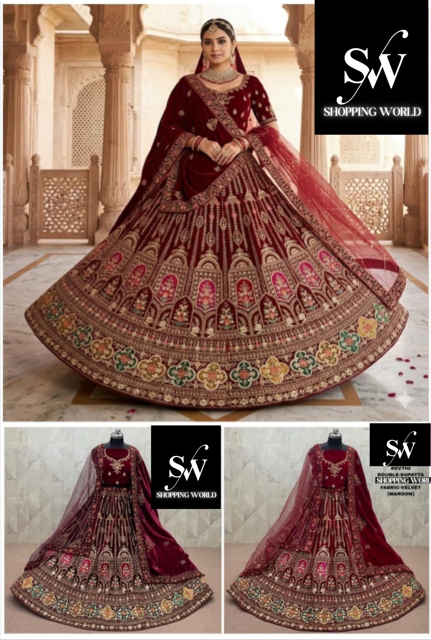 Maroon Dark Maroon Double Dupatta Peacock Velvet Bridal Lehenga