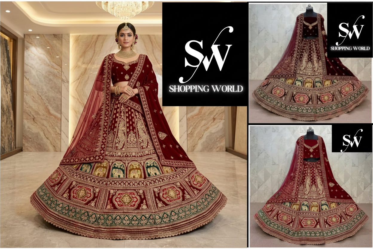 Maroon Dark Maroon Double Dupatta Peacock Velvet Bridal Lehenga