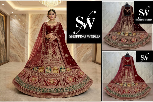 Maroon Dark Maroon Double Dupatta Peacock Velvet Bridal Lehenga