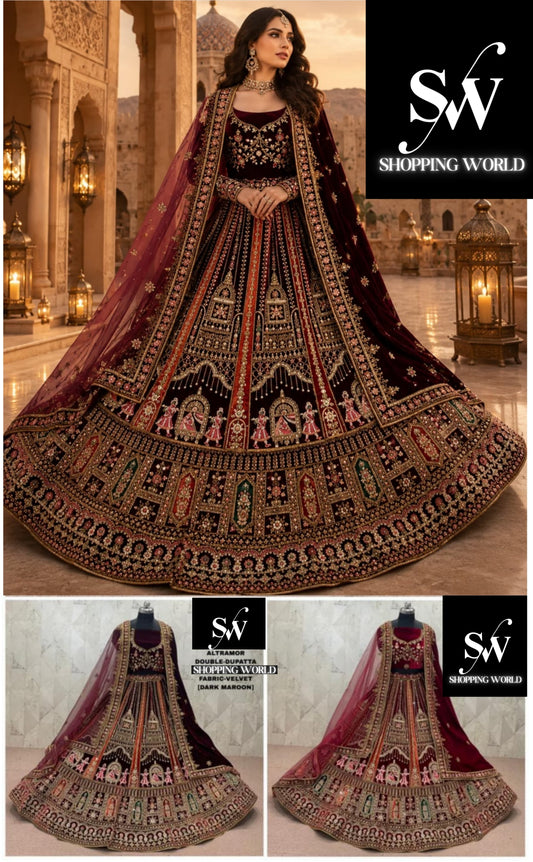 Maroon Dark Maroon Double Dupatta Peacock Velvet Bridal Lehenga