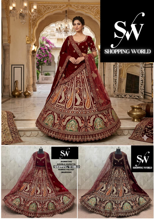 Maroon Dark Maroon Double Dupatta Peacock Velvet Bridal Lehenga