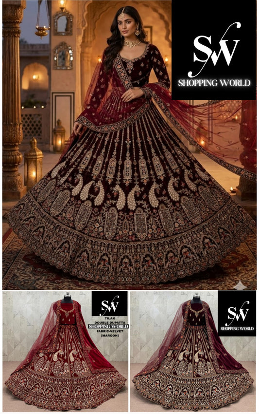 Maroon Dark Maroon Double Dupatta Peacock Velvet Bridal Lehenga