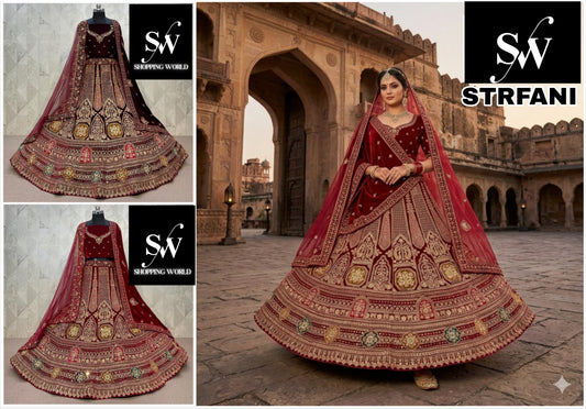 Maroon Dark Maroon Double Dupatta Velvet Bridal Lehenga