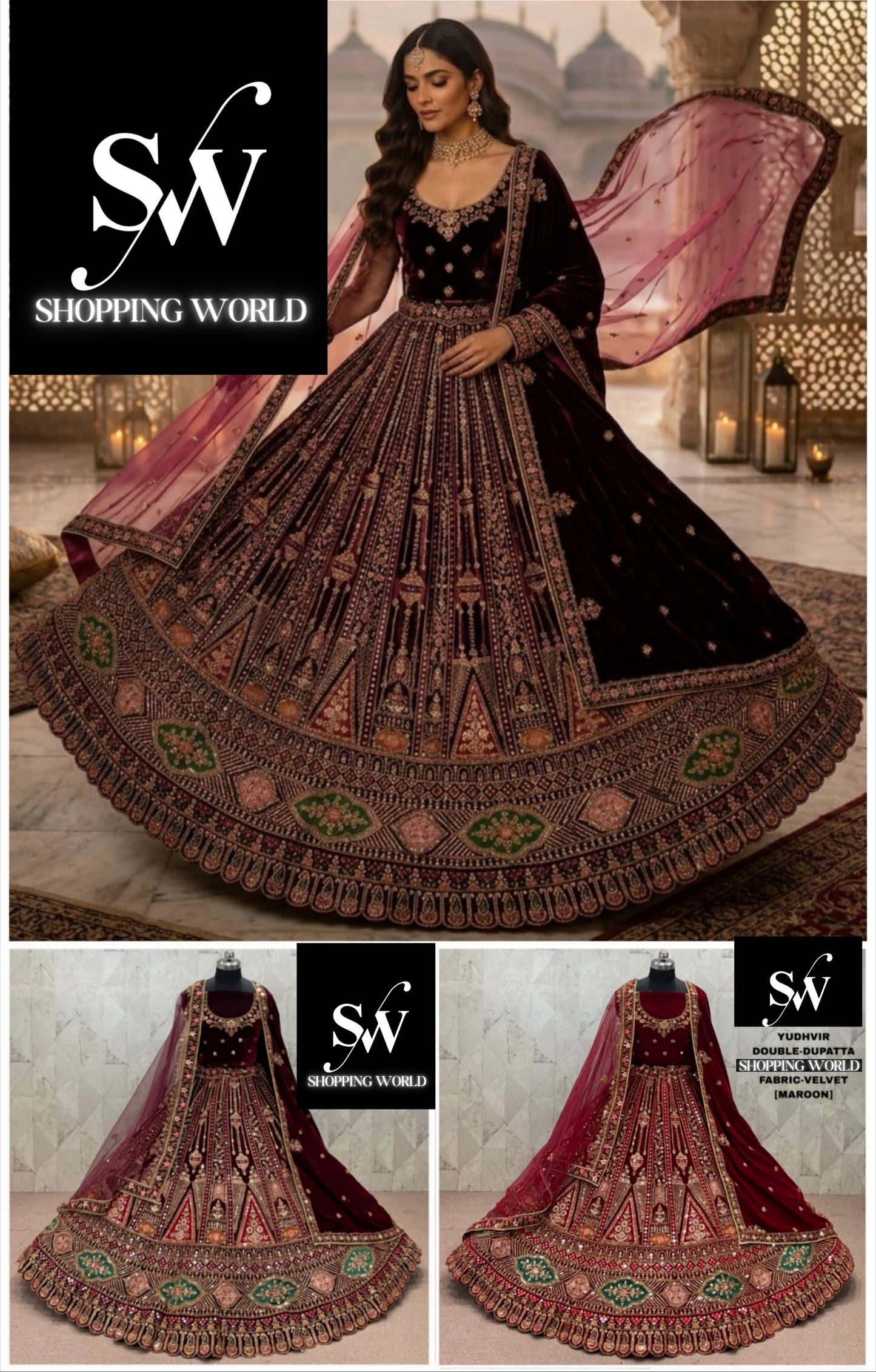 Maroon Dark Maroon Double Dupatta Velvet Bridal Lehenga