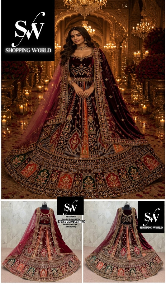 Maroon Dark Maroon Double Dupatta Velvet Bridal Lehenga