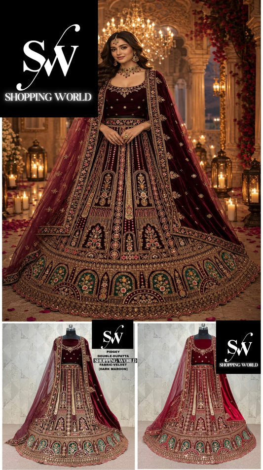 Maroon Dark Maroon Double Dupatta Velvet Bridal Lehenga