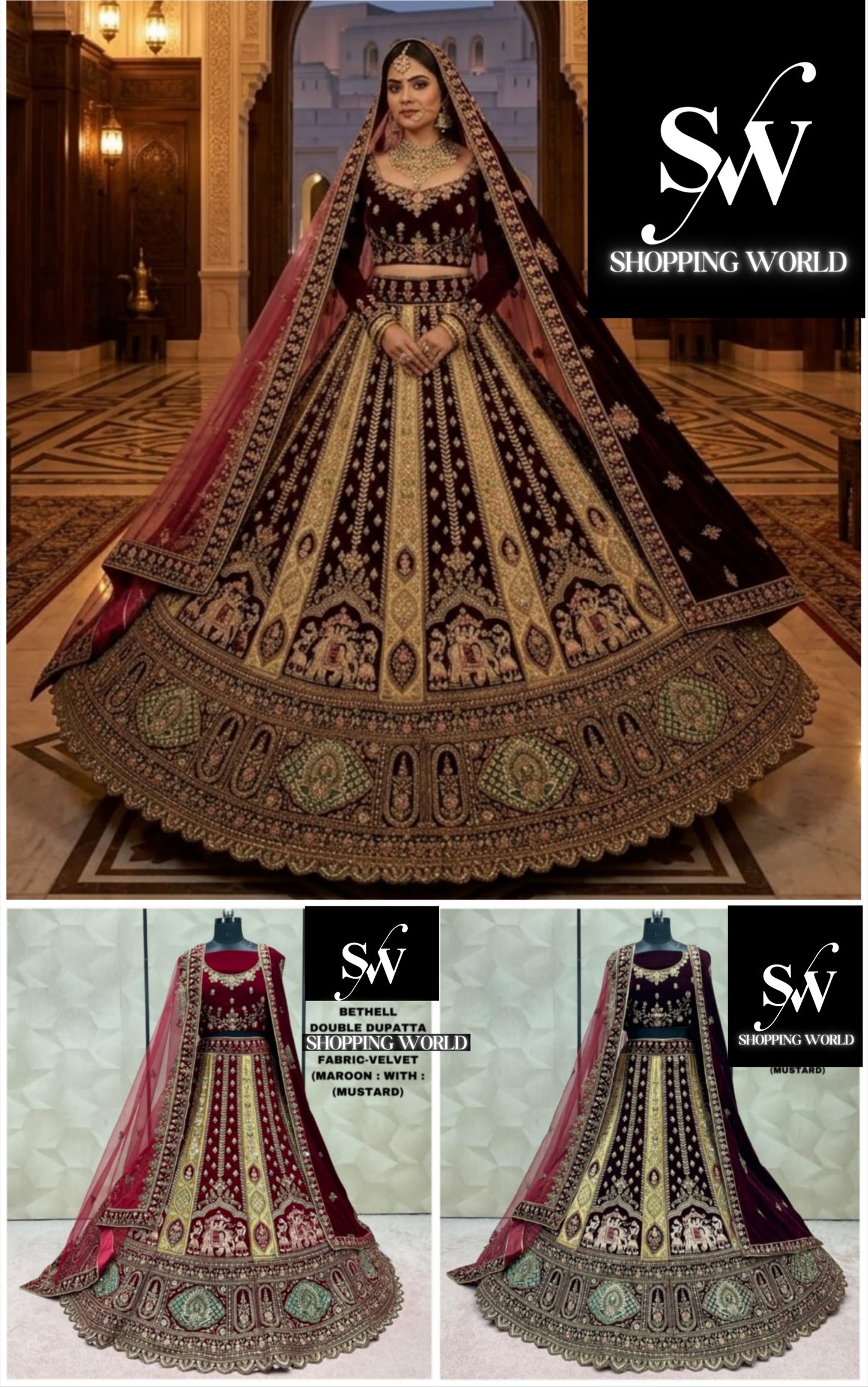 Maroon Dark Maroon Double Dupatta Velvet Bridal Lehenga