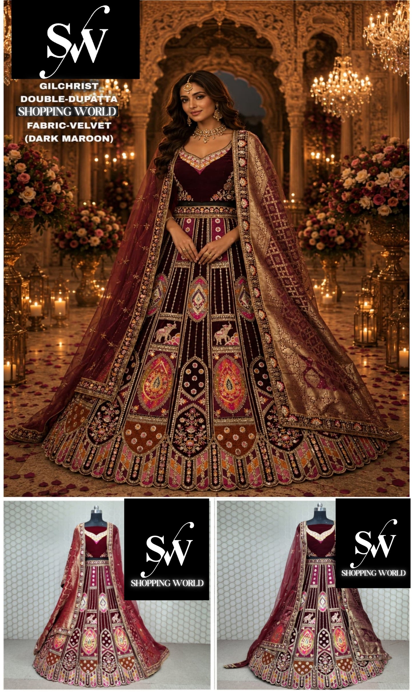 Maroon Dark Maroon Double Dupatta Velvet Bridal Lehenga