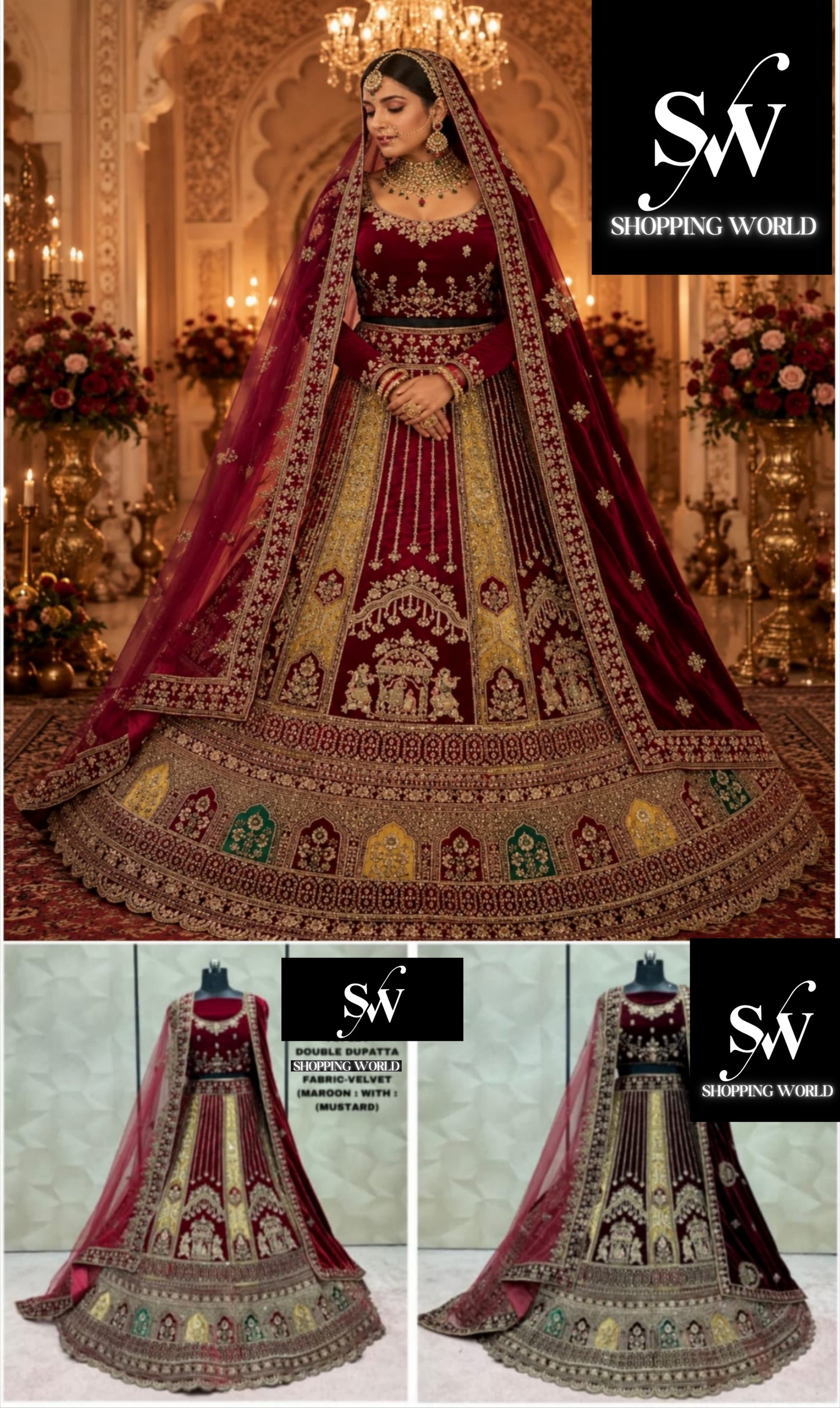 Maroon Dark Maroon Double Dupatta Velvet Bridal Lehenga