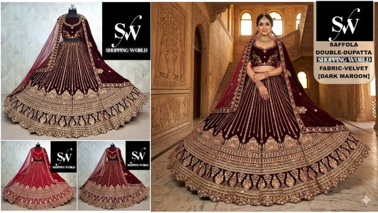 Rani Pink Maroon Dark Maroon Double Dupatta Velvet Bridal Lehenga