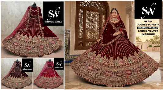 Rani Pink Maroon Dark Maroon Double Dupatta Velvet Bridal Lehenga