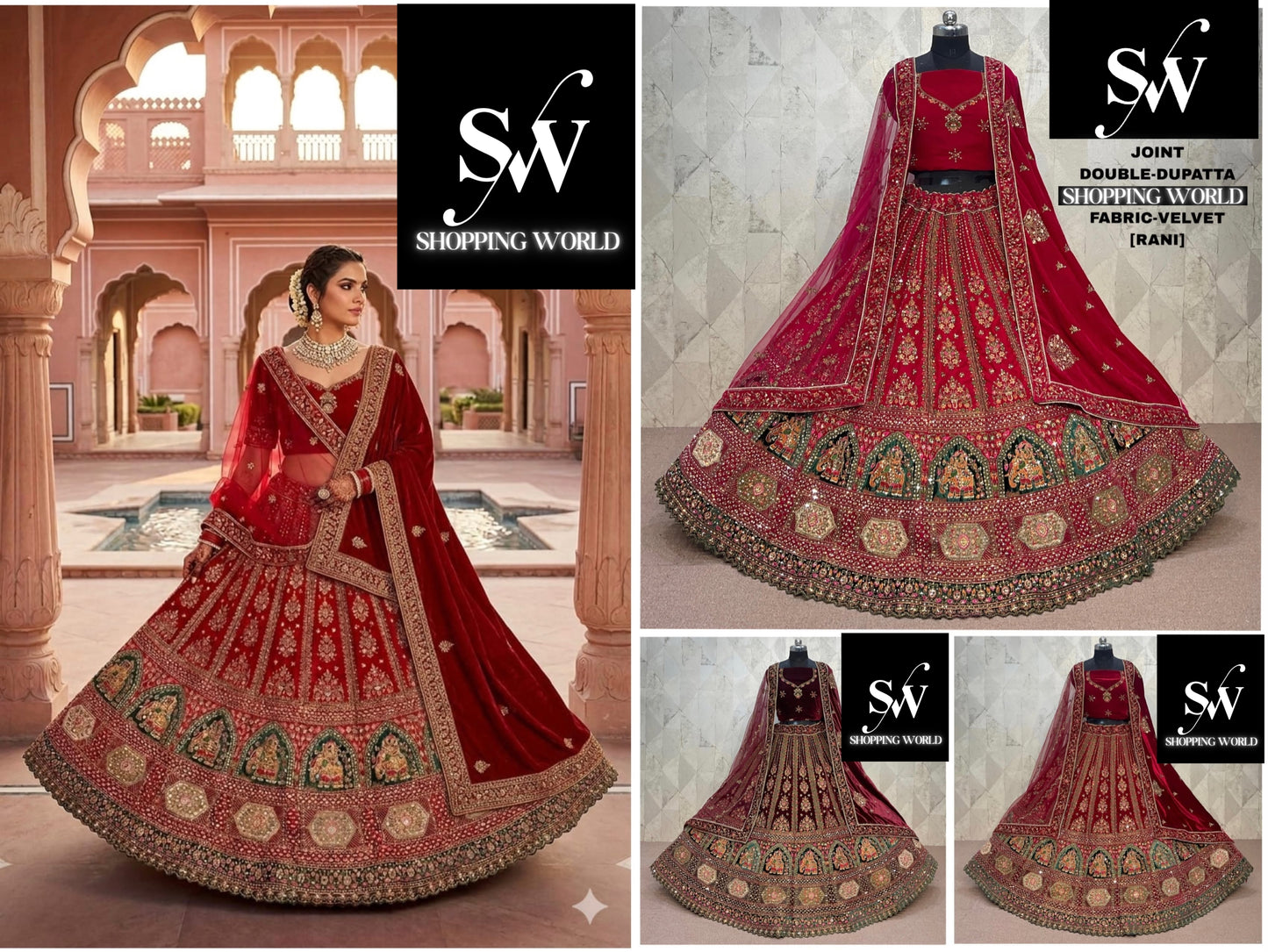 Rani Pink Maroon Dark Maroon Double Dupatta Velvet Bridal Lehenga