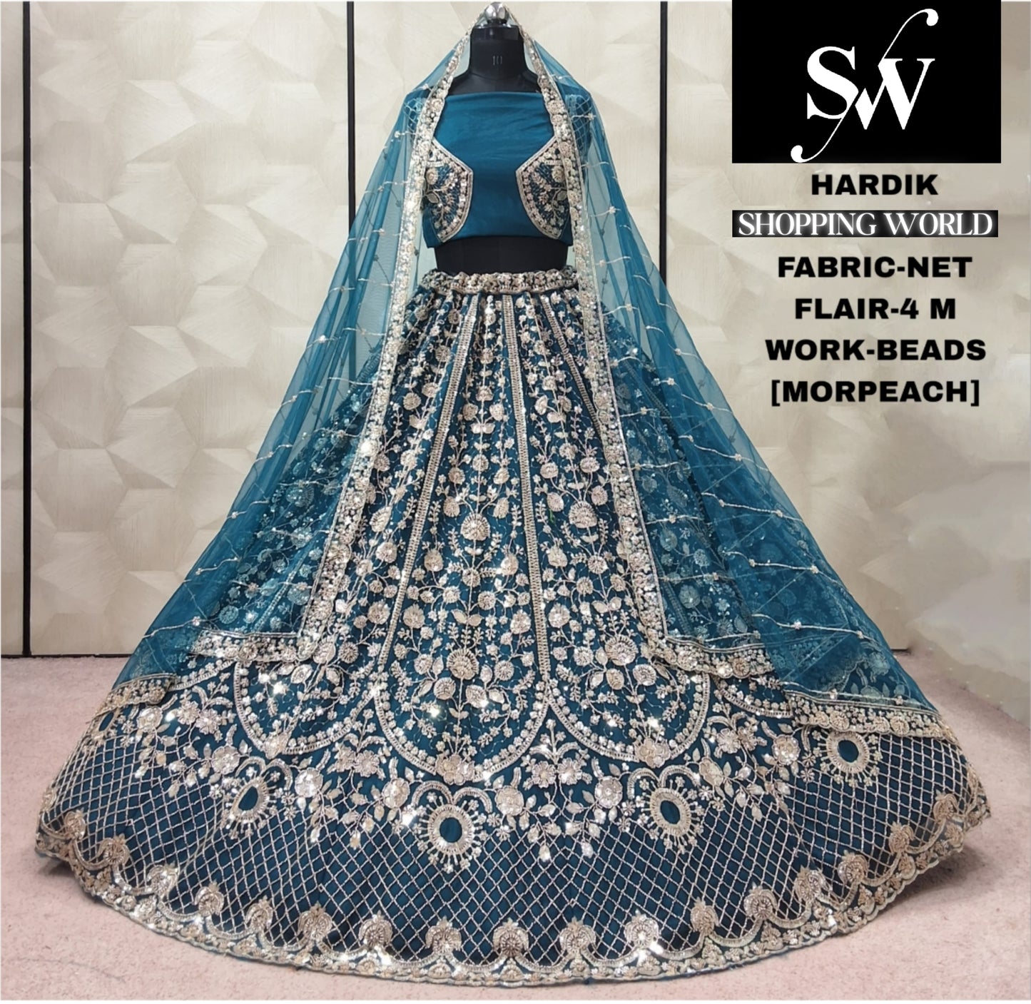 Morpeach Blue Net Lehenga