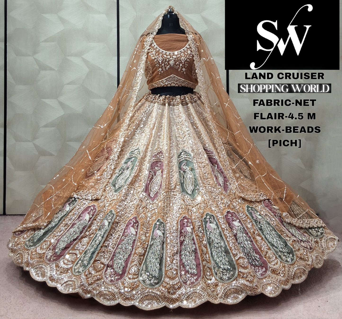 Peach Peacock Net Lehenga