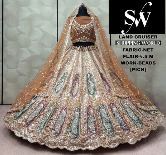 Peach Peacock Net Lehenga