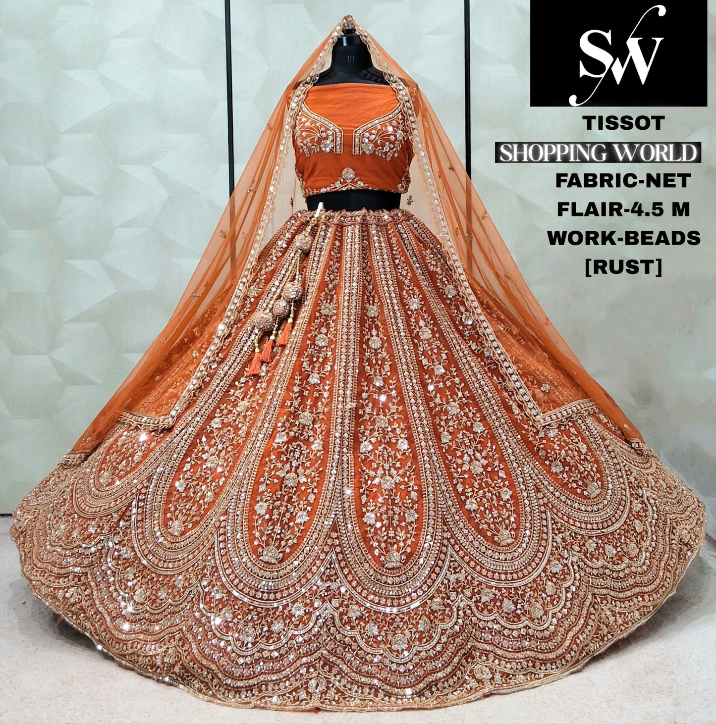 Rust Orange Net Lehenga