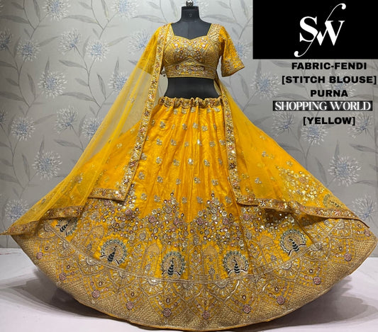 Yellow Haldi Mehendi Fendi Peacock Lehenga