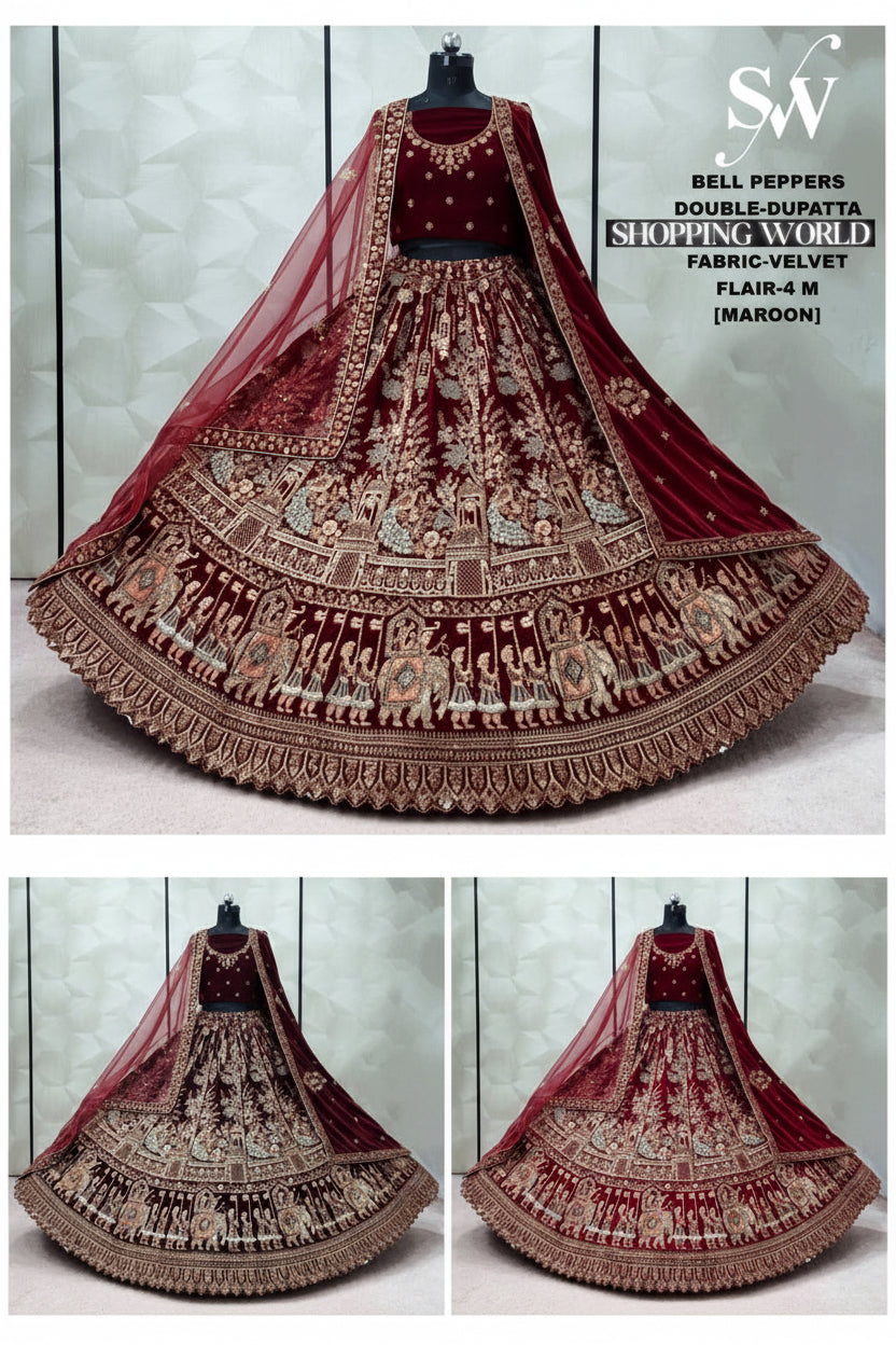 Maroon Dark Maroon Rani Pink  Peacock Double Dupatta Velvet Bridal Lehenga