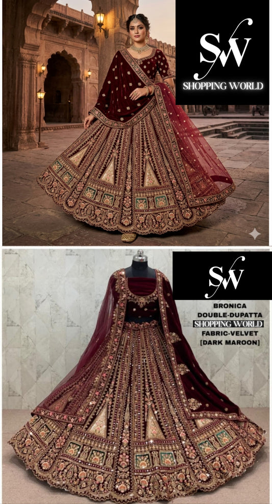 Dark Maroon Double Dupatta Bridal Lehenga