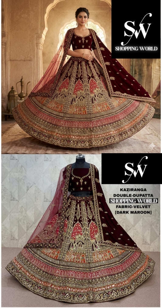 Dark Maroon Peacock Double Dupatta Bridal Lehenga