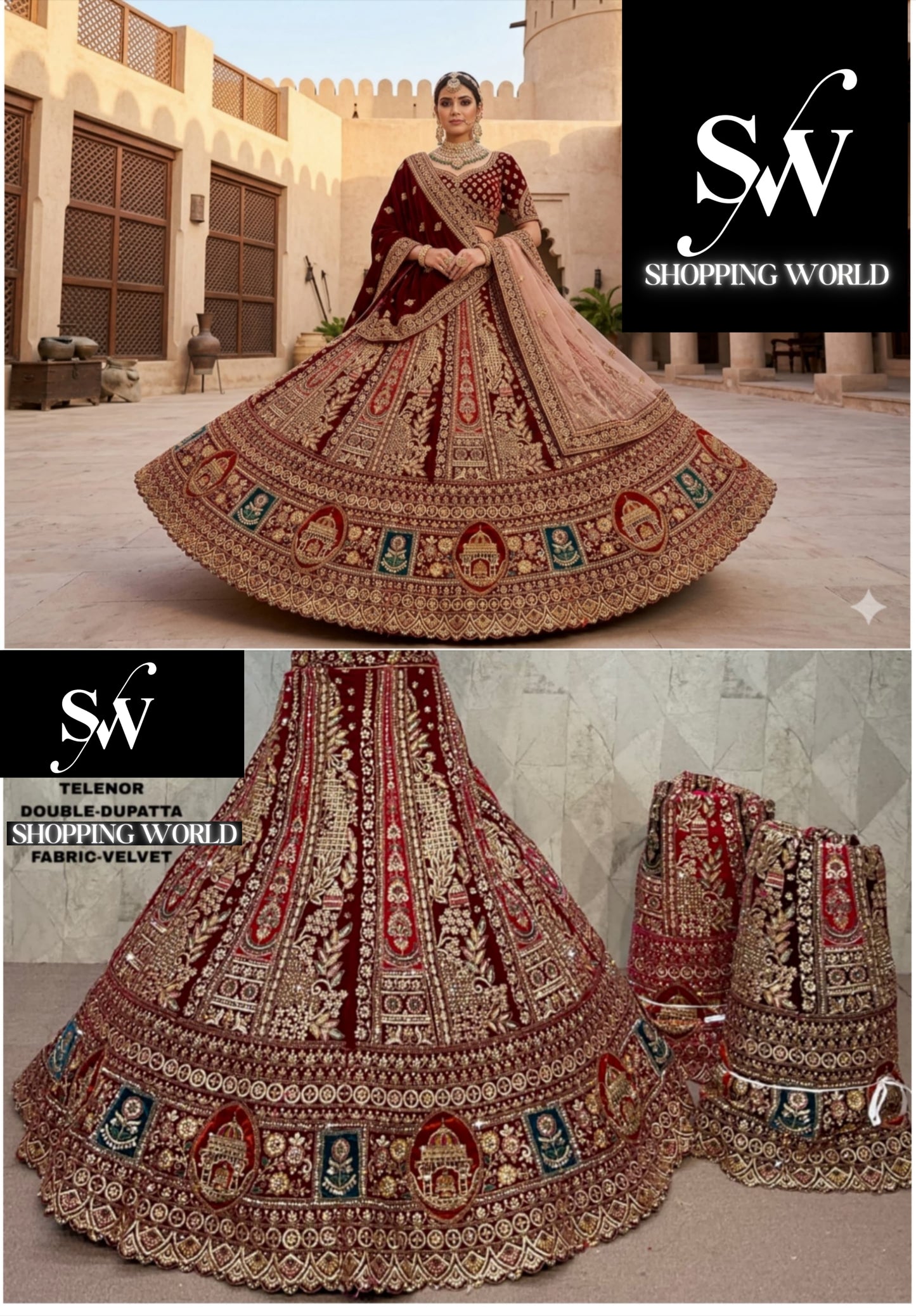 Maroon Dark Maroon Rani Pink Peacock Double Dupatta Bridal Lehenga