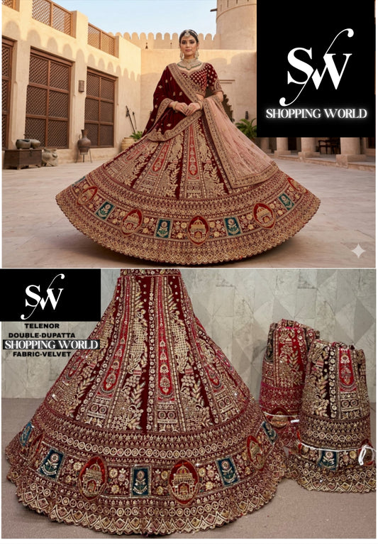 Maroon Dark Maroon Rani Pink Peacock Double Dupatta Bridal Lehenga