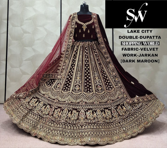 Dark Maroon Double Dupatta Velvet Bridal Lehenga