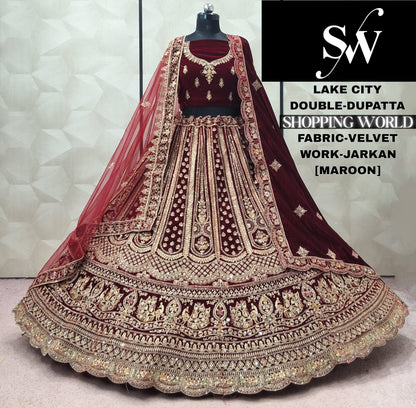 Maroon Double Dupatta Velvet Bridal Lehenga