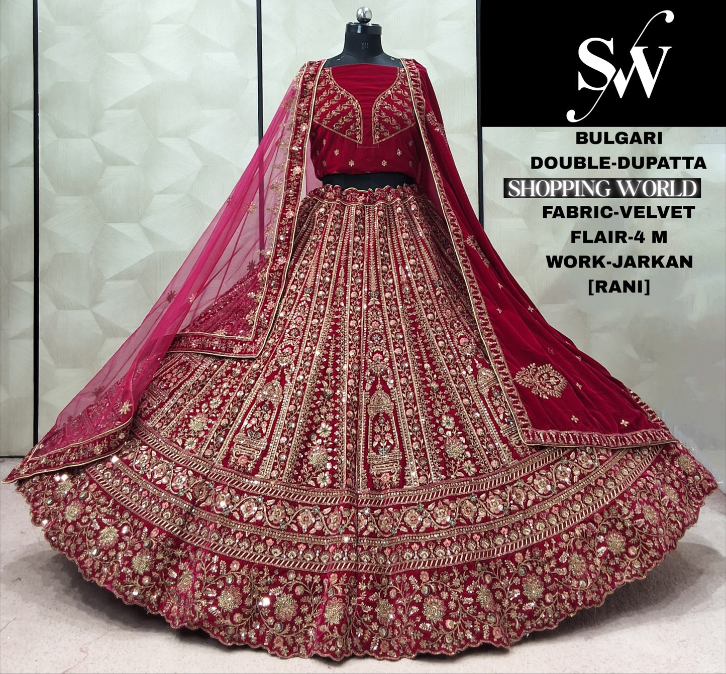 Maroon Velvet Double Dupatta Bridal Lehenga