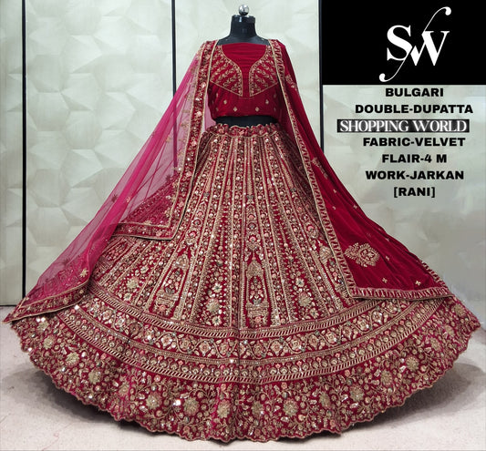 Rani Pink Velvet Double Dupatta Bridal Lehenga