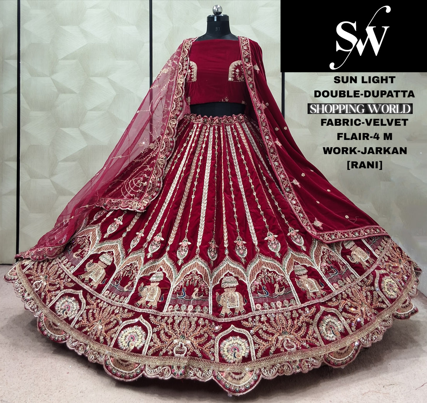Rani Pink Double Dupatta Velvet Bridal Lehenga