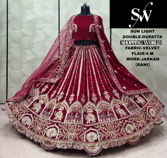 Rani Pink Double Dupatta Velvet Bridal Lehenga