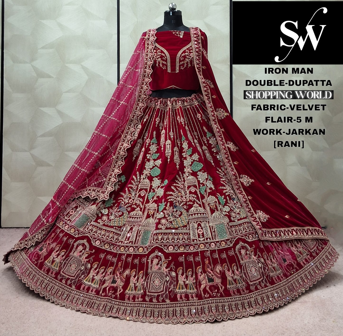 Raspberry Maroon Double Dupatta Velvet Bridal Lehenga