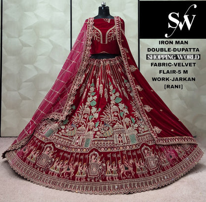 Raspberry Maroon Double Dupatta Velvet Bridal Lehenga